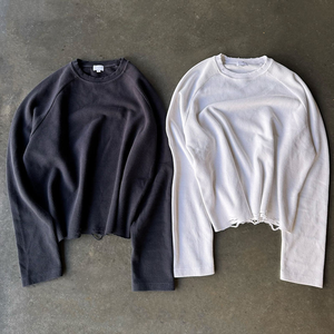 T-shirt da <span class=keywords><strong>uomo</strong></span> casual personalizzata in cotone 100% a manica lunga, lavorazione a maglia waffle, effetto distressed con bordo grezzo, tinta unita, alla moda e <span class=keywords><strong>termica</strong></span> - Product Image 1