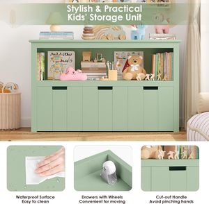 Mueble de Almacenamiento de Juguetes para Niños <span class=keywords><strong>con</strong></span> <span class=keywords><strong>Ruedas</strong></span>, 3 Cajones, Estantería <span class=keywords><strong>Infantil</strong></span>, Color Verde para Sala de Estar, 102 x 33 x 61.5 cm - Product Image 2