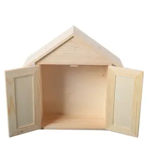 Customize design house shape with doors unfinished wooden craft boxes bulk