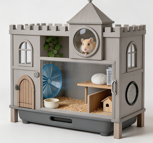 Cage pour hamster en bois massif, thème Château de conte de fées, <span class=keywords><strong>avec</strong></span> tour unique, fenêtres en acrylique et plateau de forage profond - Product Image 2