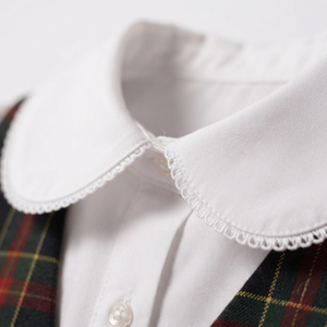 Conjunto de Uniforme Escolar a Cuadros para Niñas, Venta al Por Mayor, Vestido de Dos Piezas con Tirantes y Cuello Peter Pan de Manga Larga Blanco - Product Image 2