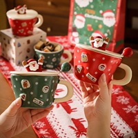 Tasse à café de Noël en céramique avec couvercle figurine Père Noël, peinte à la main, mignonne, originale, adorable, pour les fêtes, la maison et le bureau