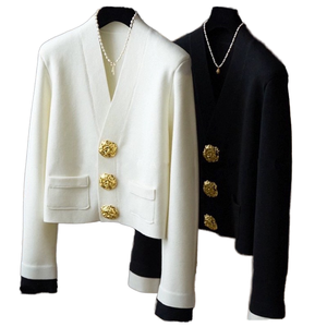 Cárdigan de Punto para Mujer, Novedad de Otoño, Negro y Blanco con Hebilla Dorada, Cuello en V, Casual, Ecológico, Antiarrugas, Chaqueta - Product Image 1