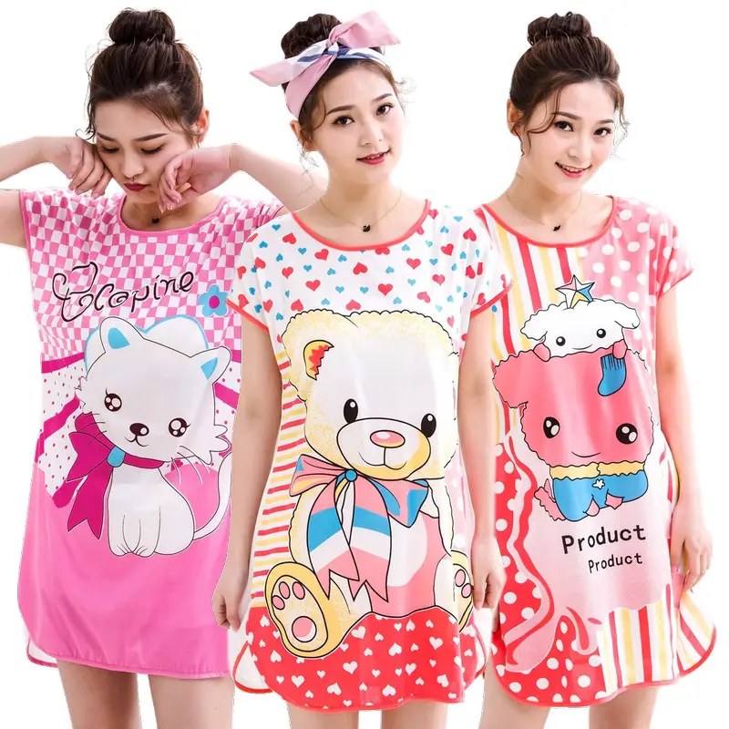 Factory Wholesale Cheap Price Summer Nightdress Cartoon Nightwear Milk Silk Sleepwear For Women