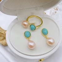 Cadeau pour la fête des mères, ensemble de bijoux en perles d'eau douce pour femme, plaqué or, pierre précieuse naturelle turquoise/collier/boucles d'oreilles/clous d'oreilles