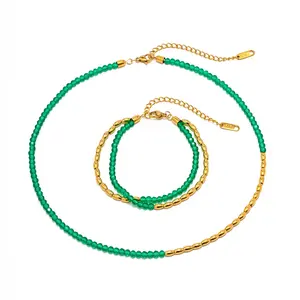 Green Crystal Layer Semi-Precious Stone PVD 18K Gold Plated Stainless Steel Beads Chain Necklace