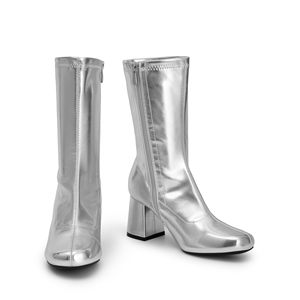 Botas Gogo para mujer, botas de media pantorrilla con punta cuadrada para mujer, botines al tobillo, botas de vestir de tacón grueso, piel sintética con cremallera - Product Image 1