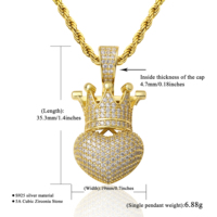 Pendentif Cœur Couronne de Roi en Zircon Cubique Entièrement Sertie, Plaqué Or, Style Hip-Hop Rapper, Vente en Gros