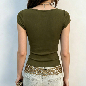Camiseta de Verano Vintage Y2K con Estampado de Mariposas, Bloques de Color, Tejido Elástico, Manga Corta, Ecológica, para Mujer, Estilo Urbano - Product Image 4