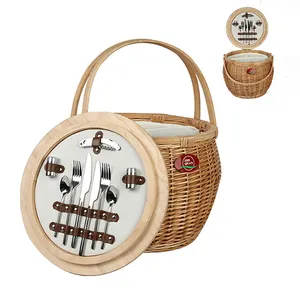 Wholesale wood handle round oval rattan insulated bamboo picnic hamperbaskets wood lid wicker picnic basket set with cooler