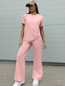 Conjunto de 2 Piezas para Mujer, Cómodo, Color Sólido, <span class=keywords><strong>Top</strong></span> de Manga Corta Suave y Pantalones Acampanados con Cintura Elástica para el Hogar, Venta al Por Mayor - Product Image 5