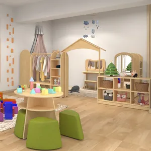 Childcare center kids solid wood buff color furniture shelves for children rooms