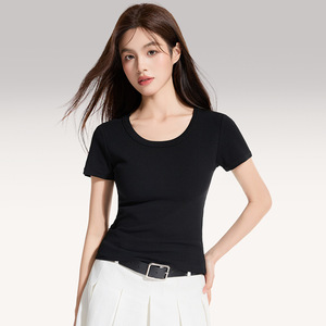 46% Cotton 46%Viscose 8% Spandex Ladies Ribbed Tee Shirt Fitted Scoop Neck <b>Crop</b> <b>Top</b> Stretch Skinny T-Shirt - Product Image 3