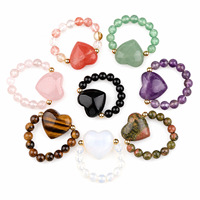 Bague Cœur en Pierre Naturelle Ajustable Perles Extensibles Plaqué Or 18K Fait Main Multicolore Cadeau Femme Bijoux Tendance Vente en Gros
