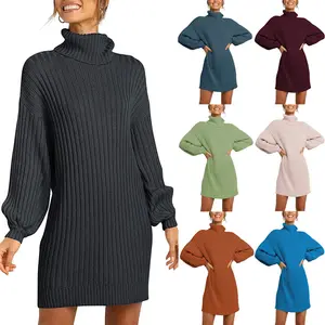 Women Turtleneck Long Lantern Sleeve Casual Loose Oversized Sweater Dress Soft Winter Pullover Dresses