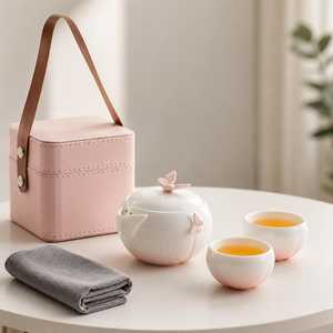 Set da Tè Portatile in Ceramica Sfumata Rosa con Decorazione a Farfalla, Teiera e 2 <span class=keywords><strong>Tazze</strong></span> con Scatola da Viaggio in Pelle, Set Regalo per Signore - Product Image 5