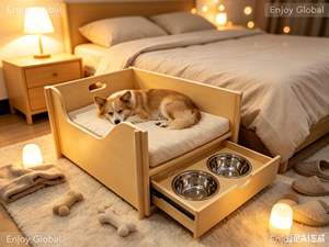 Lit pour <span class=keywords><strong>chien</strong></span> en bois massif avec tiroir coulissant, bols en acier inoxydable, coussin moelleux, maisonnette en bois pour animaux de compagnie d'intérieur pour chiens de petite et moyenne taille - Product Image 1