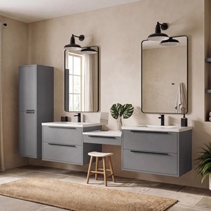 <span class=keywords><strong>Mobile</strong></span> <span class=keywords><strong>Bagno</strong></span> Moderno Sospeso con Doppio Lavabo, Cassetto Centrale per Trucchi, Maniglie a Barra Lunga e Armadietto Alto per Biancheria - Product Image 3