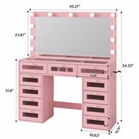 Coiffeuse de chambre moderne en bois massif avec 11 tiroirs lumineux RGB, miroir, station de recharge et tabouret (Rose)