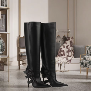 OEM Brand elegante <span class=keywords><strong>donna</strong></span> autunno nero cuoio Pu diverse cinghie tacco sottile punta <span class=keywords><strong>stivali</strong></span> alti al ginocchio per lo Shopping - Product Image 1