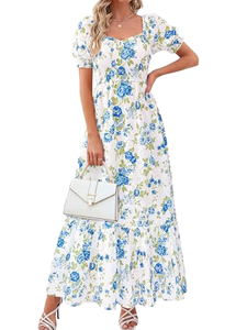 Nuevo Vestido Largo Elegante de Verano 2026 con Cuello Cuadrado, Cintura Alta, Manga Corta y Estampado Floral para Mujer, Ideal para Fiestas, Uso Diario, Personalizable OEM/ODM - Product Image 1