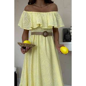 Vestido amarillo con hombros descubiertos, bordado, cintura elástica, línea A, informal, tejido, transpirable, para uso diario - Product Image 1