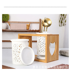 Support de rangement pour baguettes en bambou, organisateur multifonctionnel, égouttoir à ustensiles de cuisine et de bureau avec inserts en céramique - Product Image 4