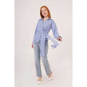 Camisa Azul a Rayas para Mujer con Detalle de Lazo Lateral, Blusas y Camisas al por Mayor - Product Image 3