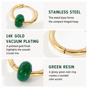 Green Resin Ring <b>Hoop</b> <b>Earrings</b> Stainless Steel 14K Gold Vacuum Plated 17 mm <b>Hinged</b> Circle Jewelry - Product Image 3