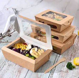 Disposable Kraft Paper wholesale takeout paper container food bento lunch box Packaging Pinic Box with Clear Window