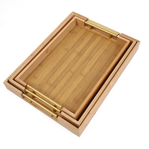 Bandeja de servir rectangular de bambú con asas de metal para uso doméstico y hotelero - Product Image 4
