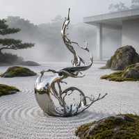 Sculpture moderne d'extérieur en acier inoxydable poli effet miroir, motif abstrait éclaboussures d'eau, tailles et couleurs personnalisables pour aménagement paysager de jardin