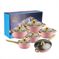 Billion Day Ensemble de batterie de cuisine 12 pièces en acier inoxydable 410, comprenant poêle antiadhésive rose, poêle de haute qualité et ensemble de casseroles bordeaux