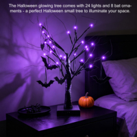 Arbre d'Halloween lumineux à LED avec décorations de chauves-souris, alimenté par piles, pour table, fête, maison hantée, festival intérieur, décoration intérieure
