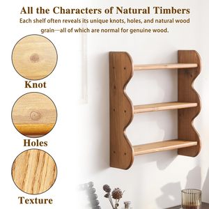 Estantes flotantes de madera rústica de 3 niveles con borde ondulado, estantería de pared para almacenamiento y exhibición, para dormitorio, sala de estar, baño, decoración del hogar - Product Image 6