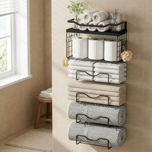 Porte-serviettes mural en métal moderne avec étagères de rangement multi-niveaux pour salle de bain - Product Image 3