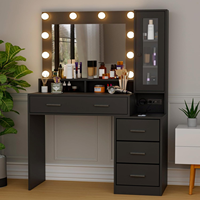 Coiffeuse de chambre rustique avec miroir lumineux, tiroirs de rangement, armoire à porte vitrée et multiprise intégrée