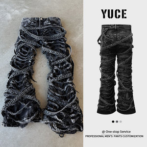 กางเกงยีนส์ทรงหลวมขาบานสไตล์วินเทจ YUCE ปักโลโก้ตามสั่ง แต่งขอบขาดรุ่ย ดีไซน์ขาดๆ ทั่วตัว สำหรับผู้ชาย - Product Image 2