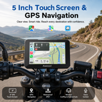 Aoocci C3 Plus 5 inç 800 Nit Parlama Önleyici Su Geçirmez Motosiklet CarPlay Monitörü İnce Kelepçeli Motosiklet Kablosuz GPS Navigasyon Cihazı