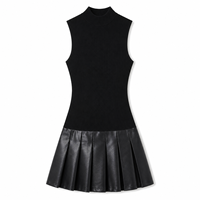 Robe pull mini sans manches à col montant pour femme, jupe plissée noire, coupe ajustée et évasée