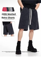 Celana Pendek Tiga Perempat Gaya Amerika 240g Retro Washed-and-distressed Batik Tali Serut Solid Oversized Trendy Kasual