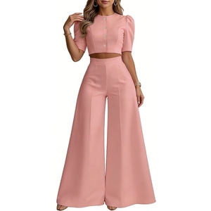 Women's Puff Sleeve Crop Top & Wide Leg <b>Pants</b> Set Button-<b>Down</b> 2-Piece Formal Outfit Fashion - Product Image 4