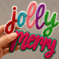 Nouveaux Patchs Thermocollants Personnalisés Écologiques Joyeux Noël Grandes Lettres Brodés en Chenille à Paillettes pour Vêtements