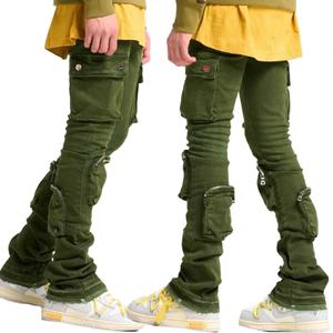 Fashion <b>Green</b> Skinny Raw Edges Hem Multi Pockets <b>Cargo</b> Stacked Denim Jeans <b>Pants</b> for Men - Product Image 6