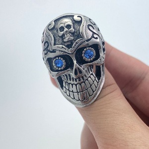 yunnique <b>Skull</b> Stainless Steel <b>Ring</b> Men's Geometric Design Blue Stone Inlay Gift Jewelry - Product Image 3