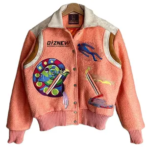 American floral towel embroidered flocking trend Jacket Vintage Lambfleece embroidered teen personality Jacket for men