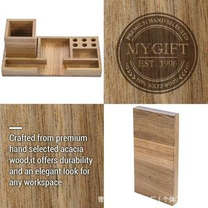 Mygift Wooden Desktop Organizer Solid Acacia Wood Office Storage <b>Box</b> For <b>Pens</b> Pencils And Memo Cards - Product Image 1