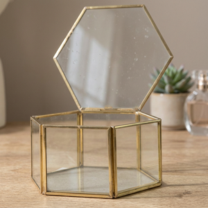 Hexagon Glass Jewelry <b>Box</b> With Gold Frame And Lid Modern Storage Container For Jewellery - Product Image 2