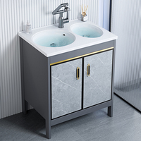 Proveedor de Muebles de Baño de Aluminio Espacial Gris Dorado, Mueble de Lavabo Doble con Espejo y Almacenamiento