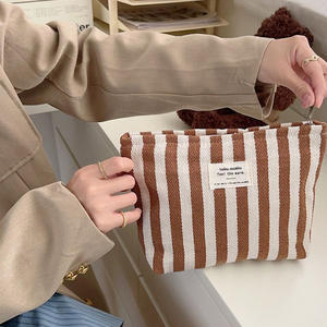 Rayures toile mode pochette de voyage pour femmes filles mignon Simple fermeture éclair organisateur de stockage petit maquillage sac cosmétique - Product Image 2
